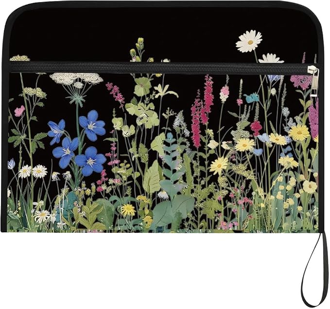 WEBEEDY Flower Expanding File Folder 13 Pockets Dark Background Wildflower Accordion File Folder with Labels and Zipper, Portable Expandable Document Organiser for A4 Paper Photo Receipt Paperwork