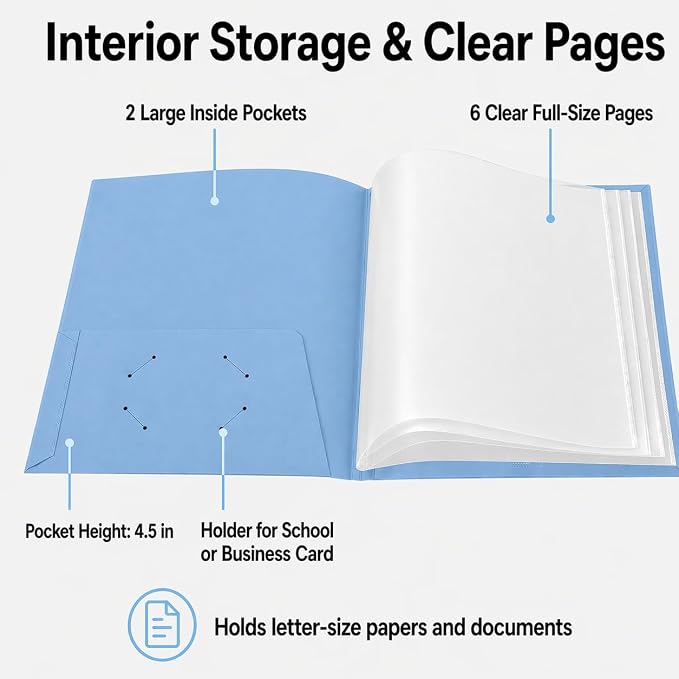Ultra PRO - 50 Pack Light Blue Heavy Duty 2-Pocket Folders with 6 Clear Internal Pages, Waterproof Poly Project Organizer for School and Office, Fits 8.5 x 11 Letter Size, Customizable Clear Covers