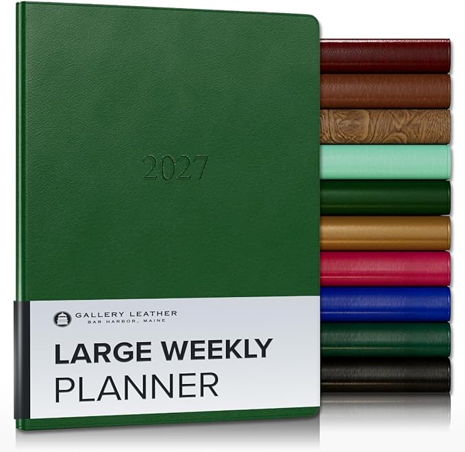 Gallery Leather Large Weekly Monthly Planner 2027, Elegantly Bound Calendar Planner and Notebook with Stylish Gold-Gilded Page Edges, 12 Months - Monhegan Emerald - 9.75x7.5"
