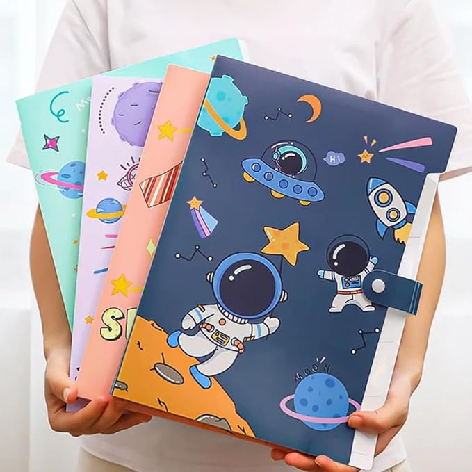 Cute File Folders, Expanding File Folders with 32 Labels, 5 Pocket File Organizer, Accordion File Organizer Letter Size for School, Office and Home - Astronaut Style Set of 4