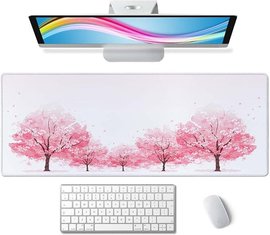 Cherry Blossom Tree Gaming Mouse Pad, Extended Large Mouse Mat Desk Pad, Big Computer Keyboard Desk Pad, Stitched Edges Mousepad, 3mm Thick Long Non-Slip Rubber Base Mice Pad, 31.5 X 11.8 Inch