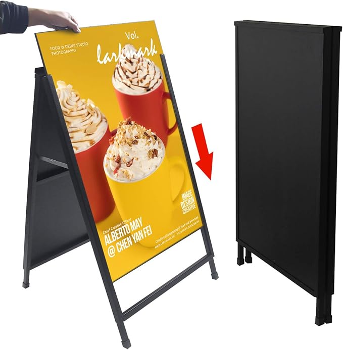 HUAZI Sandwich Board 24 x 36‘’ Sidewalk Sign Double-Sided A Frame Folding Sign Heavy Duty Metal Display with 2 Corrugated Plastic Poster Boards Suitable for Indoor Outdoor,Black