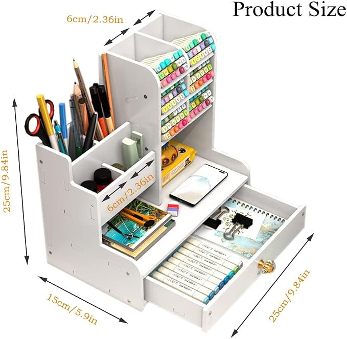 Hggzeg White Pen Organizer with Drawer, DIY Pencil Holder Desk Tidy Caddy Office Stationery Desktop Organiser for Home, Office and School (PB17 White)