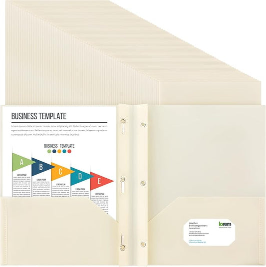 Cholemy 72 Packs Pocket Folders with Prongs Heavy Duty Plastic Folder with Business Card Slot 3 Prong Fasteners for School Office (Beige)