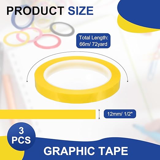 MECCANIXITY Whiteboard Tape 1/2" / 12mm Self Adhesive Graphic Chart Line Tape 72 Yard Grid Marking Stickers for Pinstripe Dry Erase Board Scrapbooking DIY Art Crafts, Dark Yellow, Pack of 3