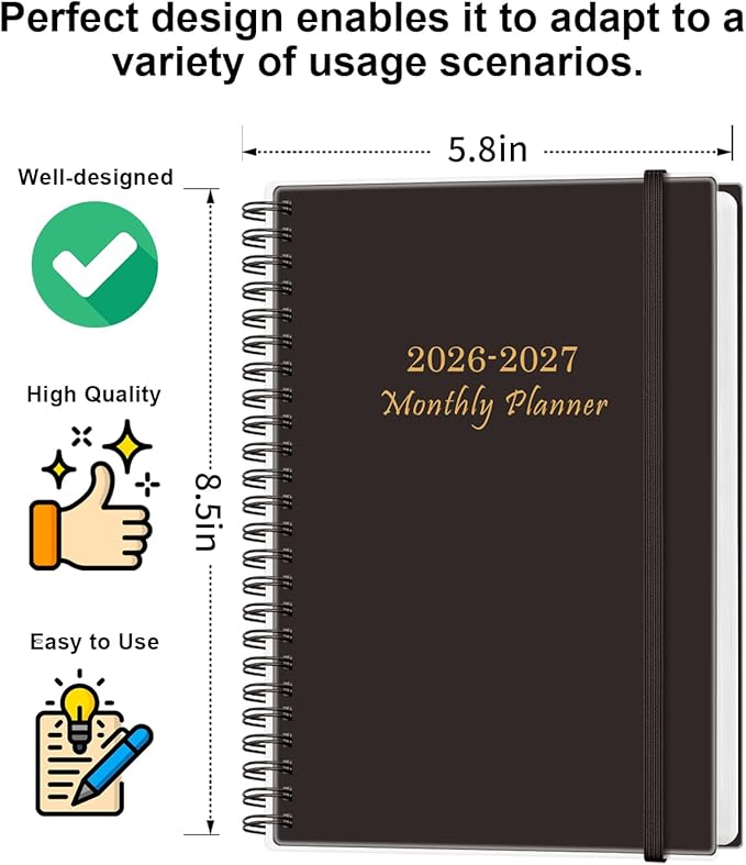 Monthly Planner 2026-2027 – Monthly Calendar from July 2026 to December 2027, 18 Month Planner with Spiral Binding, Inner Pocket, Elastic Closure, 5.8" x 8.5", Black