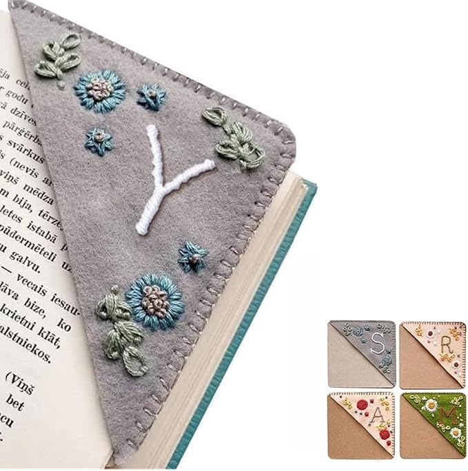 Personalized Hand Embroidered Corner Bookmark, 26 Letters Cute Flower Embroidered Corner Bookmark Embroidery Book Marker Clip for Book Lovers Bookmarks for Reading Lovers Meaningful GIF (Winter, Y)
