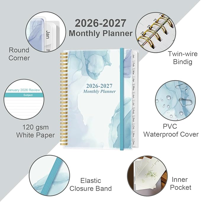 2026-2027 Monthly Planner - 18 Monthly Calendar, January 2026 - June 2027, Two Pages Per Month, 9" x11" Planner with Tabs, Strong Twin-Wire Binding, Inner Pocket, Blue Watercolor