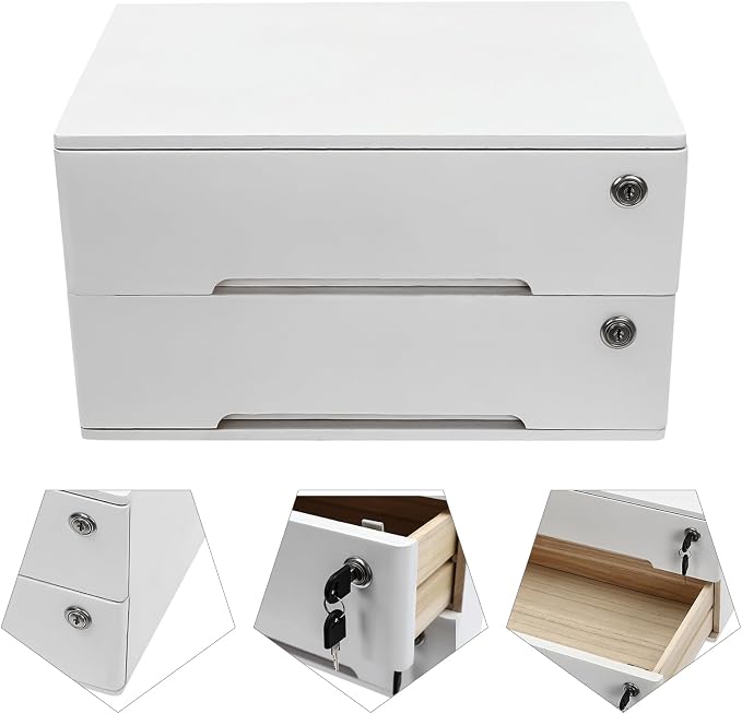 Wooden Desktop Storage Box, 2-Tier Countertop Desk Accessories Box with Lockable Drawers, Office Supplies File Organizer, Flat File Cabinet for Office, Study, Dresser, Kitchen (White)