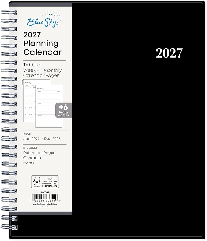 Blue Sky 2027 Weekly and Monthly Planner Calendar, Includes January 2027 - December 2027, 7" x 9", Flexible Cover, Wirebound, Laminated Tabs, Enterprise
