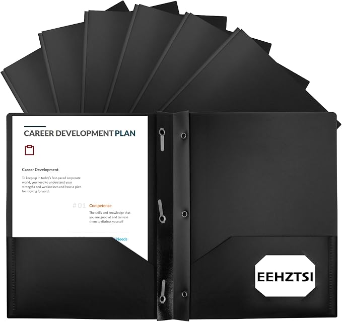 12-Pack Plastic Folders with Pockets and Prongs, 2-Pocket Poly Folders with 3 Fasteners Hold 8-1/2" x 11" Paper for School/Office/Home, Black