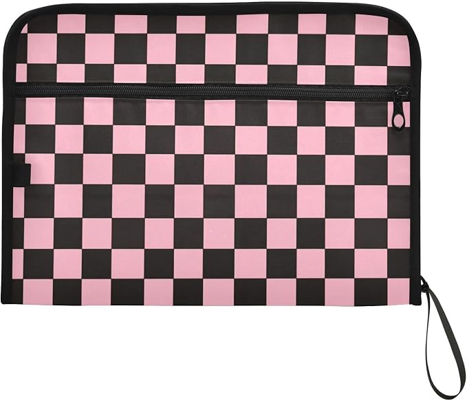 Black Pink Checkerboard Accordion File Organizer Expanding Document Folder with 13 Pockets Portable File Folder for A4 Letter Size