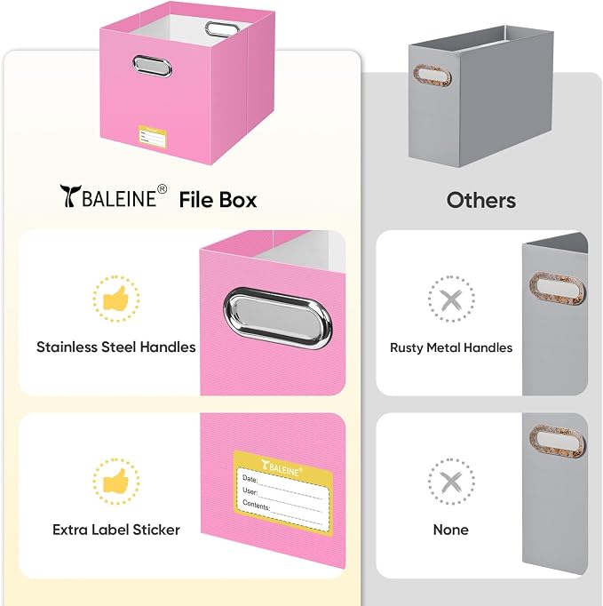 BALEINE File Organizer Box, Cardboard File Folder Organizer with Handle for Letter Size, Portable Collapsible Hanging Filing Box for Home Office Document Storage (1 Pack, Large Pink)