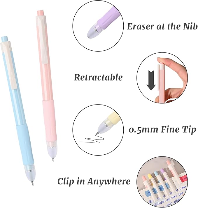 8Pcs Erasable Pens with Erasers, Retractable 0.5mm Fine Point Smooth Writing Black Ink Pen with Eraser, Aesthetic School Office Supplies for Journaling (Black Ink)
