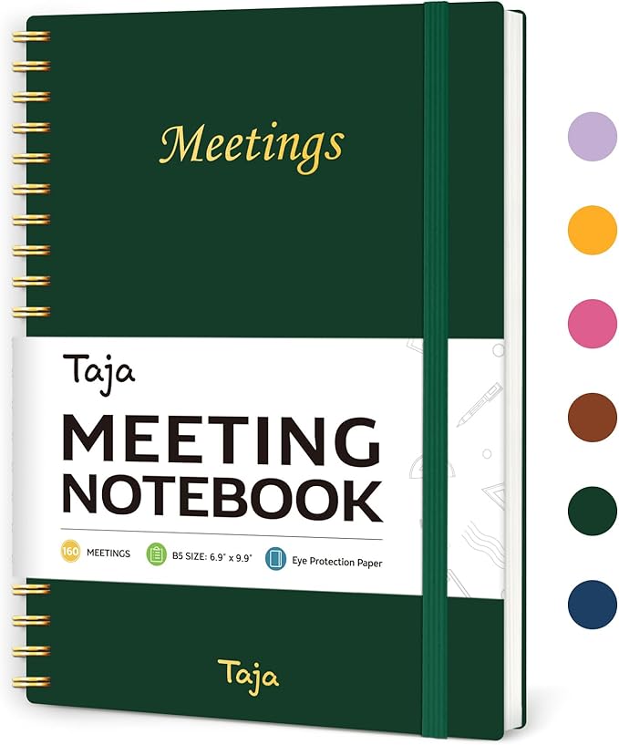 Taja Meeting Notebook for Work Organization - Work Planner Notebook with Action Items, Agenda Planner for Note Taking, 160 Pages (6.9" X 9.9") Project Organizer for Men & Women - Dark Green