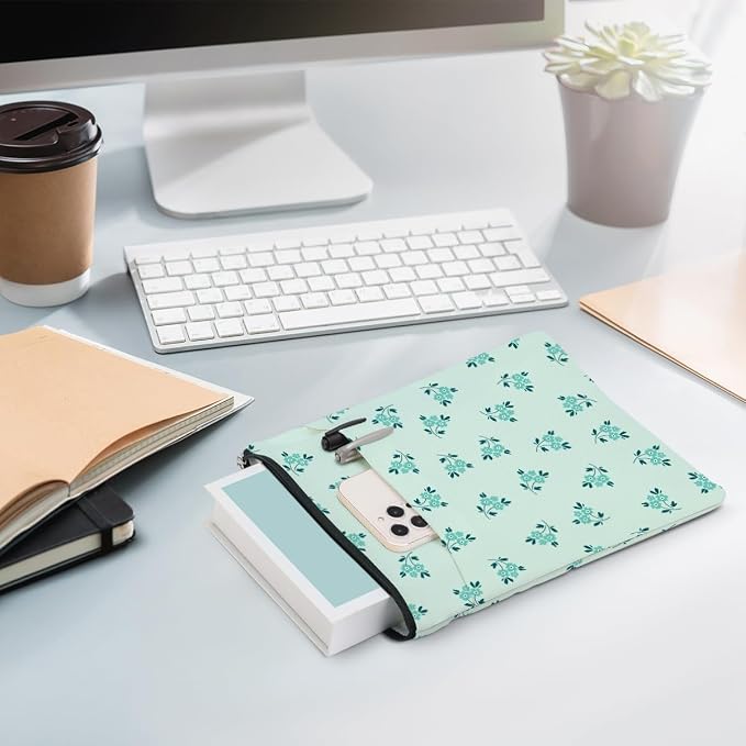Book Sleeve Book Lovers Gifts Waterproof Books Pouch Protector Cover Reading Accessories Gifts for Women Girls Bookworm Mom Reader Librarian Birthday Graduation Christmas, Aesthetic Green Floral
