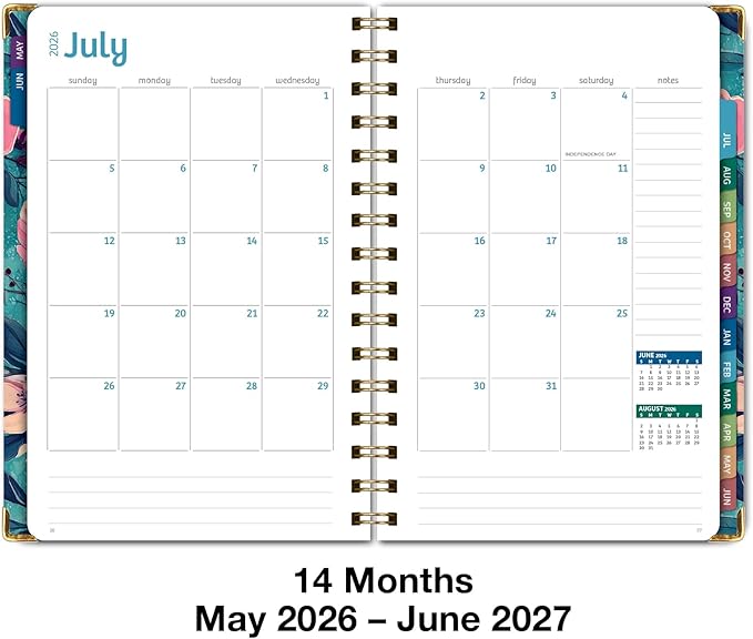 HARDCOVER Academic Year 2026-2027 Planner: 14 Months (May 2026 Through June 2027) 5.5"x 8" Daily Weekly Monthly Planner Yearly Agenda. Bookmark, Pocket Folder and Sticky Note Set (Teal Floral)