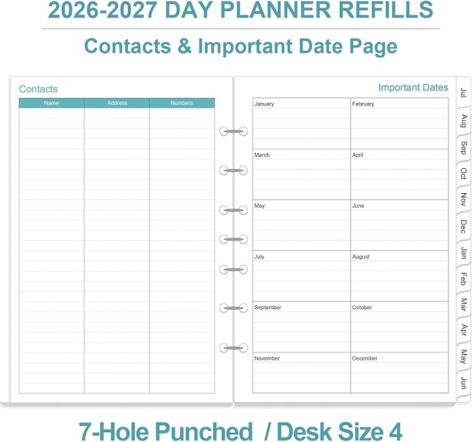 2026-2027 Planner Refills - One Page Per Day Daily ＆ Monthly Planner, July 2026-June 2027, 7-Hole Punched，Prioritized, To-Do List, Notes, Appointment Schedule, Desk Size 4, 5.8" x 8.3"