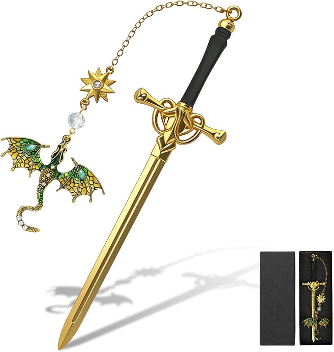 Vintage Metal Dragon Sword Bookmark, Fourth Wing Inspired Fantasy Book Markers, Cool Unique Bookmarks for Adults & Book Lovers, Personalized Dragon Gifts for Men(Yellow)