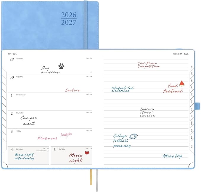 POPRUN Weekly Planner 2026-2027 (Large 8.5''x 10.5'') Academic Calendar (JUL.26 - JUN.27) Appointment Book with Monthly Tabs, Leather Soft Cover, Inner Pocket, 100 GSM - Cerulean Blue