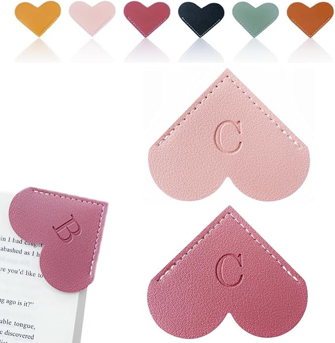 Personalized Leather Heart Bookmark, 26 Letters Customized Corner Book Mark for Reading Women, Book Marker with Initials，Cute Gifts (Light Pink+Deep Pink, C)