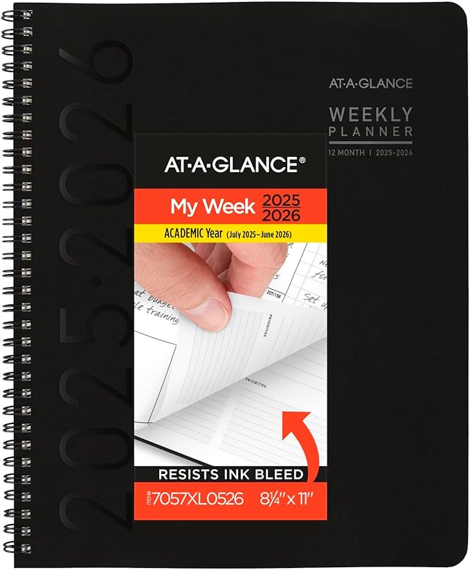 AT-A-GLANCE Planner 2025-2026 Academic, Weekly & Monthly, 8-1/4" x 11", Large, Monthly Tabs, Flexible Cover, Contemporary Lite, Black (7057XL05)