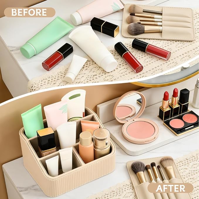 Remote Control Holder, Small Nightstand Organizer with 4 Compartments, PU Leather Desk Caddy, Multifunctional Bedside Desktop Organizers with Label Stickers(COLOR:Beige)