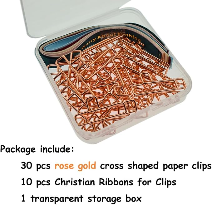 40 Pack Cross Paper Clips with Ribbons Set. 30 Rose Gold Paperclips, 10 Christian Bookmark Ribbons. Bible Study Supplies Accessories