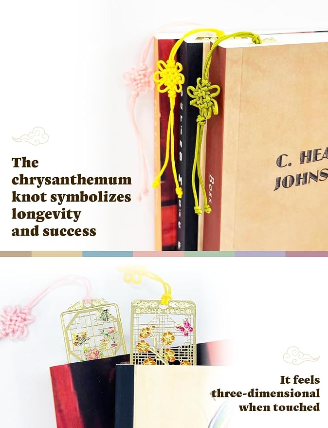 4 Pieces Metal Bookmark (Peony, Ten Symbols of Longevity, Nadeul, Plum Blossom) + 4 Envelopes - Korean Traditional Bookmark 책갈피 목단, 십장생, 나들이, 궁궐매화