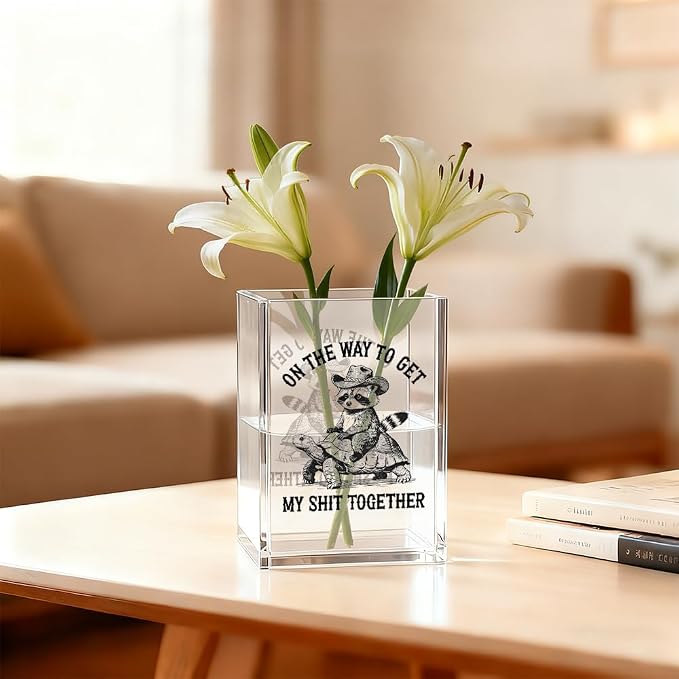 On The Way To Get Acrylic Pen Holder Cosmetic Organizer, Funny Raccoon Turtle Pen Pencil Holders for Desk, Desk Accessories Sarcastic Office Gifts for Coworker Raccoon Lover Teacher Friend
