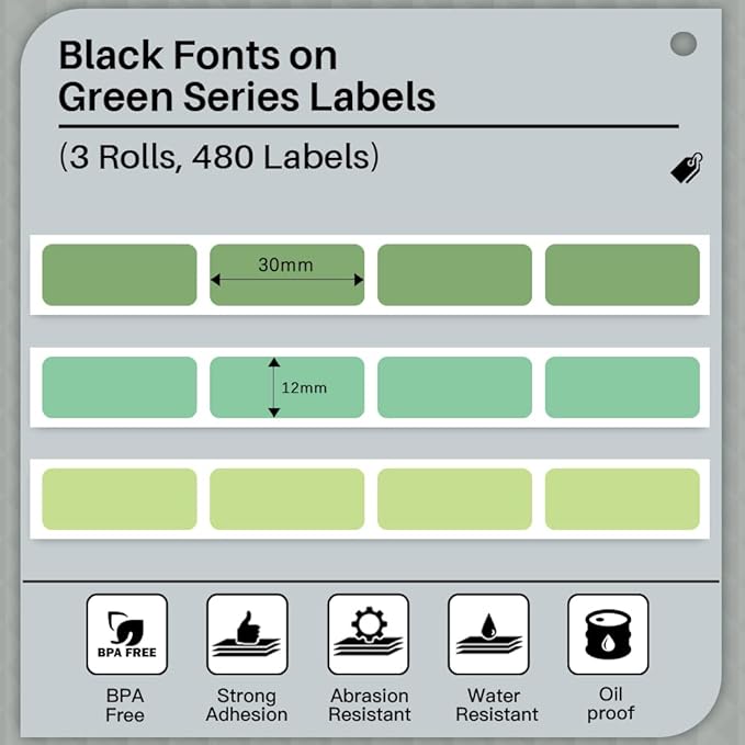 D30 Label - Compatible with Memoking/Phomemo D30 Label Maker, 12x30mm Waterproof Thermal Tape, Light Green/Green/Dark Green Sticker Machine Label, 3 Rolls