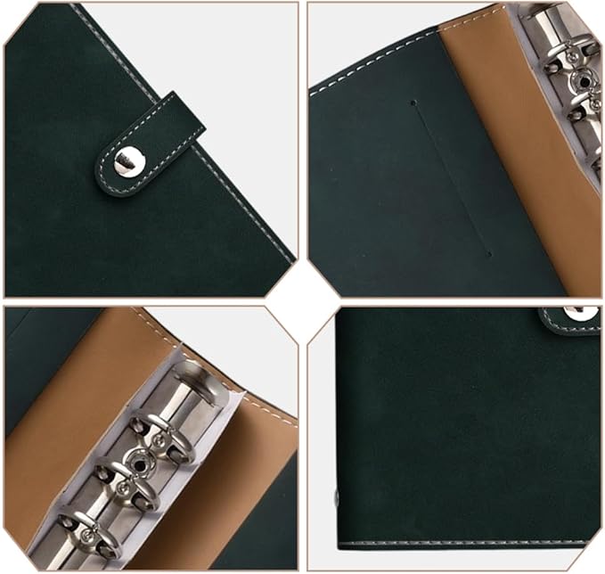 A6 PU Leather Notebook Binder Refillable 6 Ring Planner Cover with Dividers Pockets Travel Journal Folder Soft Cover Loose Leaf Binder Protector for Meeting Filler Paper Cash (Dark Green)