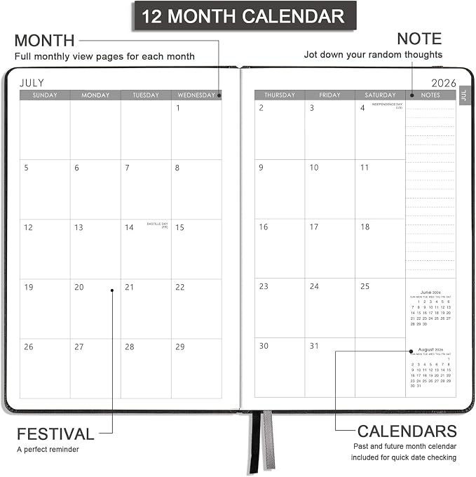 2026-2027 Planner - Academic Planner 2026-2027 Weekly & Monthly, July 2026 - June 2027, 5.75" x 8.25", Saffiano Leather with Thick Paper, Back Pocket with Notes Pages - Brown