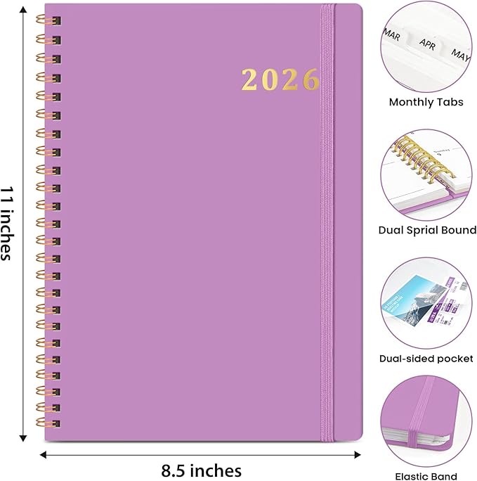2026 Planner 8.5" x 11", Weekly and Monthly Calendar Planner Book, January 2026 - December 2026, Hardcover Spiral Planner with Monthly Tabs, Notes Pages, Perfect for Women & Men, A4 - Purple