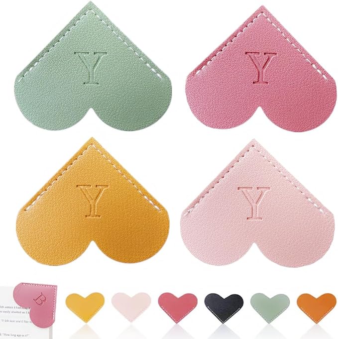 Personalized Leather Heart Bookmark, 26 Letters Customized Corner Book Mark for Reading Women, Book Marker with Initials，Cute Gifts (Light Pink+Deep Pink+Green+Light Brown, Y)