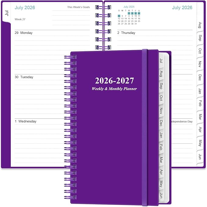 2026-2027 Pocket Planner/Calendar - 2026-2027 Planner from July 2026 - June 2027, Planner 26-27 with 12 Tabs, Twin-Wire Binding, Inner Pocket, 3.75" x 6.75, Purple