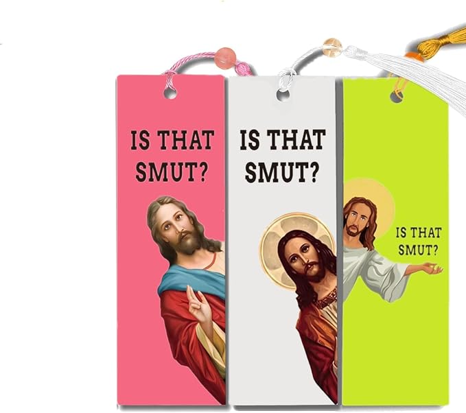 Peeking Jesus is that Smut?Bookmark Inscribed with Hilarious Text and Tassels for Book Lovers,Funny Bookmarks for Adults Humor(Pink-X)