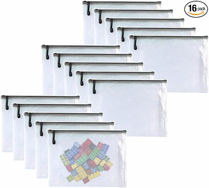 Oaimyy-16 PCS-9"x 13"inches-Mesh Zipper Pouch, Big Size,Plastic Zip File Folders Puzzle Bags for Organizing,for Office Supplies,Travel,Home Storage-Black