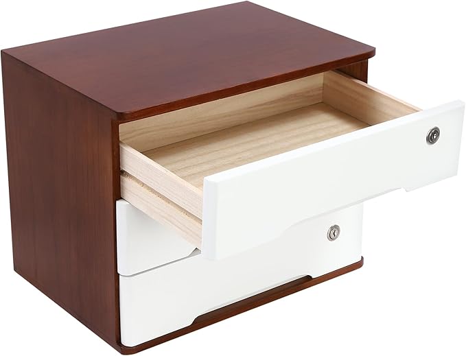 Lockable Desk Organizer Wooden Desktop Drawers Office Flat Files Storage Box Locking Countertop Storage Cabinet (Walnut + White, 3-Tier)
