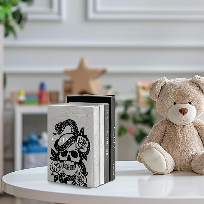 Peacoblue Metal Bookends for Shelves, Modern Decorative Heavy Duty Study Book Support Stoppers for Office, Desk, Shelf, Room 5.3"x4.3"x6.7" Cast Iron Simple Tall Bookends, 1 Pair (Skulls and Snakes)