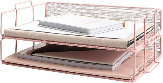 BLU MONACO | Paper Tray Stackable Pink Mesh Set of 2 | Stackable File Trays for Desk Organization | Tiered Desk Organizer with Metal Letter Trays and Workspace Organizer
