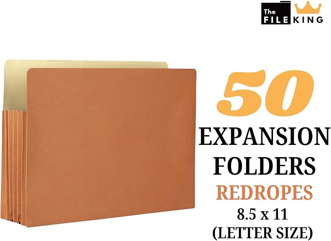 The File King Expanding Accordion File Folder – Letter Size | 5.25” Expansion, 50 Pack | Red Rope Expanding Pocket | Straight Cut Tab | Law, Accounting & Business Filing Organizer | Made in USA