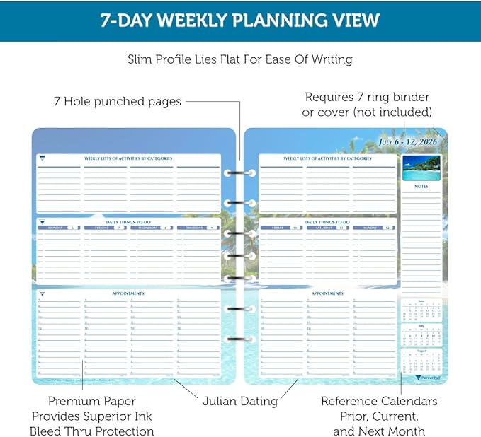 Planner Pad 7 Hole Loose Leaf 3-Tier Funnel Down 12 Month Medium Size Organizer, July 2026 – June 2027 / Academic Year, Seasonal Color Ink, 6 3/4" x 8 1/2"