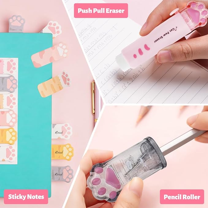 13 Pcs Cute Cat Paw Stationery Set, Kawaii Cartoon Mini Pencil Roller, Retractable Eraser, Correction Tape, Push Up Dotting Pens, Ruler, Sticky Notes, Highlighters for Kids Cat Lovers