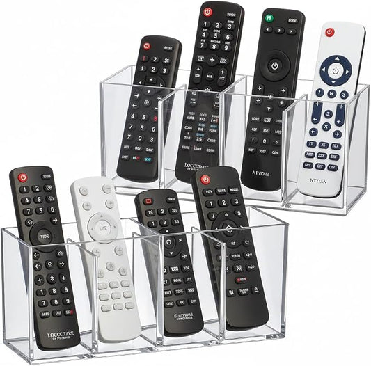 Amazing Abby Remote Control Holder (2-Pack), Clear Plastic 4-Compartment Organizer for TV Remote, Shatter-Proof Storage Box for Media Players, Controllers, and Office Supplies