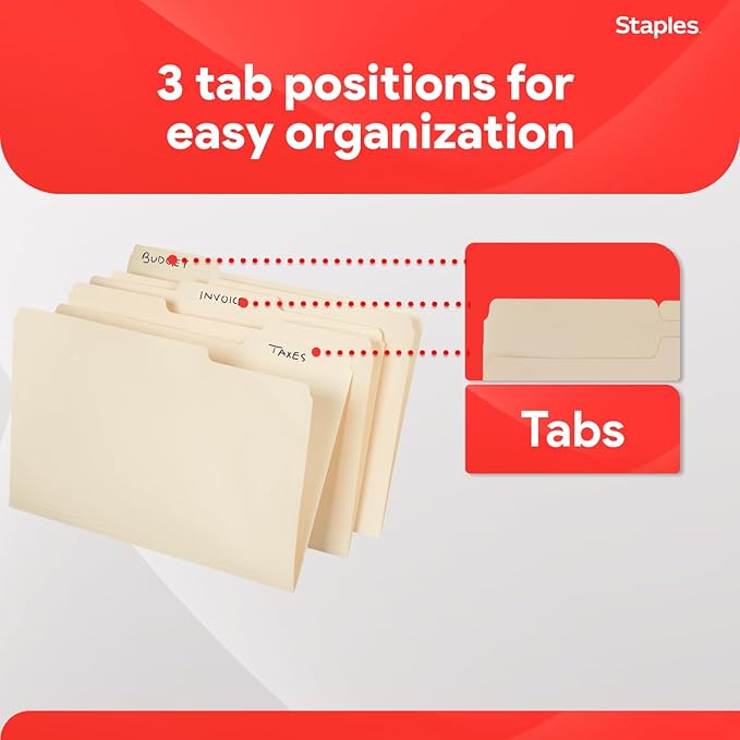 Staples Recycled File Folders, Legal Size, 1/3‑Cut Tabs, Manila, 30% Recycled Paper Stock, 100/Box