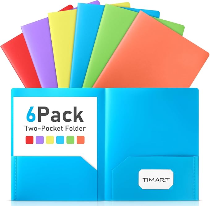 Timart Folders with Pockets-6 Pack, 2 Pocket Folders Fit Letter Size Paper, Colored Plastic File Folders for Documents, Plastic File Folder for School Office Home Bussiness