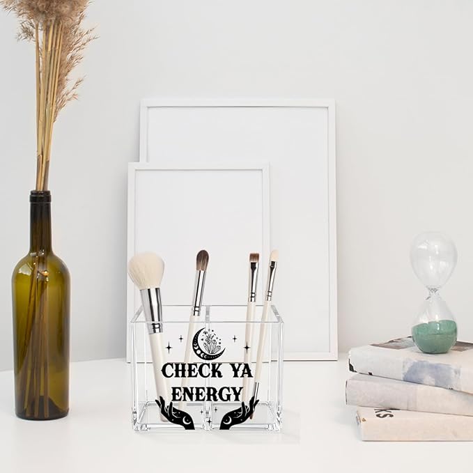 Funny Witchy Acrylic Cosmetic Pencil Pen Holder Check Ya Energy Pen Holder Cup Spiritual Witch Gifts for Women Men Colleague Boss Decor for Home Office Desk Accessories