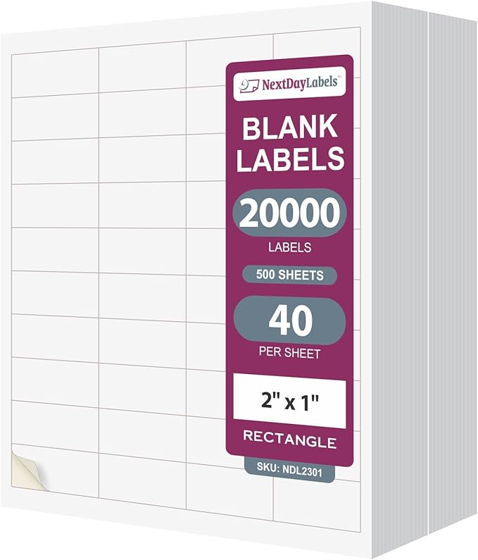 NextDayLabels 2x1 Inch Rectangle Stickers White Blank Labels for Laser Inkjet Printer - 40 Per Sheet Self-Adhesive Address Mailing Name Tags Made in USA - 20,000 Labels