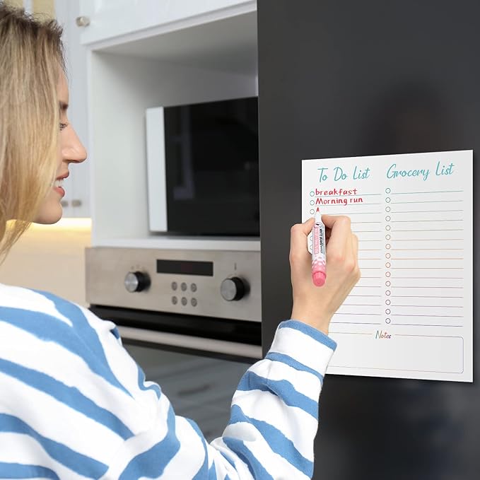 Gueevin 2 Pcs Magnetic Dry Erase Grocery List for Fridge 10" x 12" Magnet White Board Sheet with 8 Whiteboard Markers 2 Eraser Reusable for Refrigerator Kitchen Locker Cabinet Door(Colored Line)